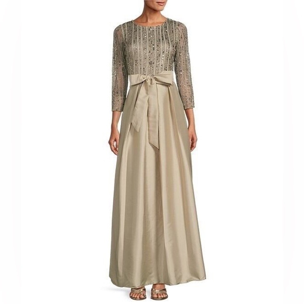 Pisarro Nights Mesh Sequin Satin Maxi Dress Gown Mother of the Bride Sz 2
